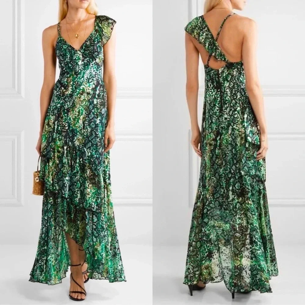 🆕 ALICE + OLIVIA Emerald Green Shanel Animal Print Maxi Dress Sz 4 - Picture 1 of 7